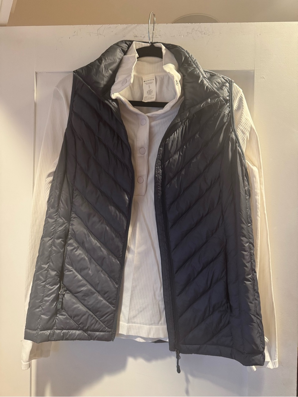 Athleta women’s white long sleeve Henley  and a 32 Degrees Quilted Vest - blue